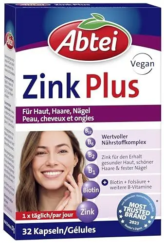 Produktbild: Abtei Zink Plus - spezielle Nährstoffkombination für gesunde Haut, kräftiges Haar und feste Nägel - mit Biotin und Folsäure - 1 x 32 Kapseln