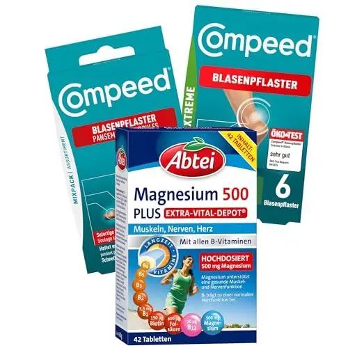 Produktbild: Abtei & Compeed Essentials Trio – 3er Set – Abtei Magnesium 500 Plus, Compeed Blasenpflaster Extreme, Compeed Blasenpflaster Mixpack – Ideal für den Sport und einen aktiven Lebensstil