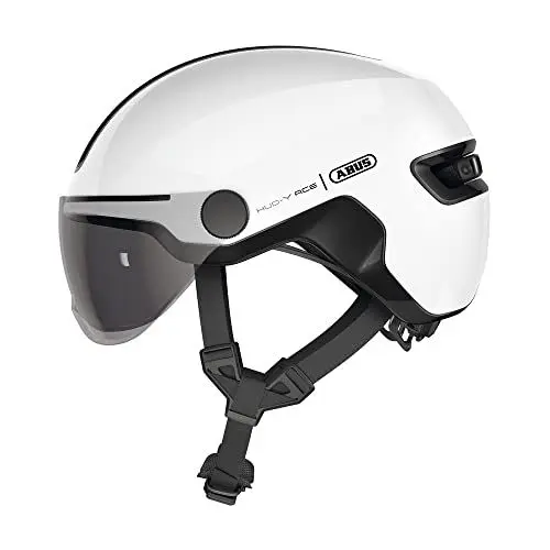 Produktbild: ABUS Stadthelm HUD-Y ACE - stylischer Fahrradhelm mit Visier und magnetischem, aufladbarem LED-Rücklicht - für Damen und Herren - Weiß Glänzend, Größe L