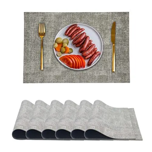 Produktbild: Abwaschbar Platzdeckchen Satz 6er Lederoptik Tischsets - Wasserdichtes PU-Tischset, Rutschfestes Platzdeckchen für Hause Küche Speisetisch, Kunstledermaterial 43cmx30cm (Grau)
