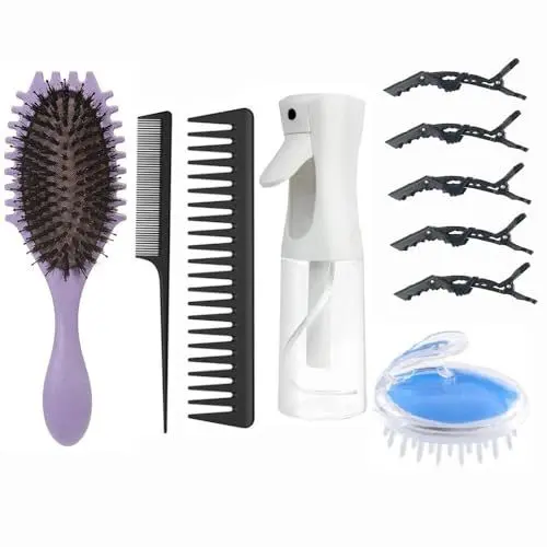 Produktbild: ABWXN Locken Haar Bürste Set mit Locken Defining Bürste, Breiter Zahnkamm,Schwanzkamm, Haar Sprühflasche,Kopfhaut Massagebürste und Haarspangen, für Damen Herren Hair Styling