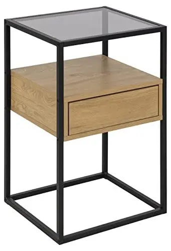 Produktbild: AC Design Furniture Radek quadratischer Nachttisch mit einer Schublade, zwei Ablagen, Glasplatte und Holzschublade, schwarzer Metallrahmen mit leicht zugänglicher Schublade, vielseitiger Nachttisch, H: 60 x B: 40 x T: 35 cm