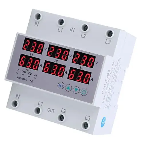 Produktbild: AC390-500V Stromzähler 3 Phasen DIN Schienen Voltmeter Amperemeter Hutschiene, Überspannungs Überstromschutz Automatische Rückstellung Digitalanzeige Spannung Strom Echtzeit(63A)