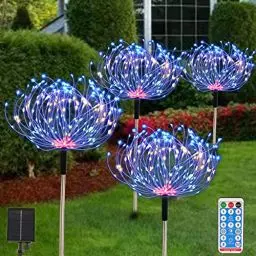 Produktbild: Solar Gartenleuchten für den Außenbereich 4er-Pack 480 LED Feuerwerk Landschaftspfad Solarbetriebene Starburst-Lichterkette wasserdicht 8 modi mit Fernbedienung für Weihnachtsfeier (Mehrfarbig)