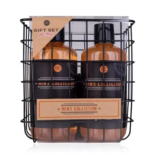 Produktbild: Accentra Geschenkset für Männer MEN'S COLLECTION in Drahtkorb, inkl. 300ml Duschgel, 300ml Shampoo, 15g Netzschwamm, Nagelbürste, Duft: Birke & Zeder - braun