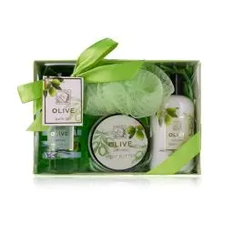 Produktbild: Accentra – Duschset Frauen Geschenkset OLIVE in schöner Geschenkbox – 4-teiliges Pflegeset mit Duschgel, Bodylotion, Körperbutter und Netzschwamm – Wellness Geschenk Set zum Geburtstag