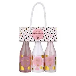 Produktbild: accentra - Let's celebrate Geschenkset Frauen in Plastik Sekt-Fläschchen - Bade- & Duschset mit Tea Rose & Velvet inkl. Duschgel, Bodylotion & Badesalz - 3-Teiliges Wellness Set für Damen & Mädchen