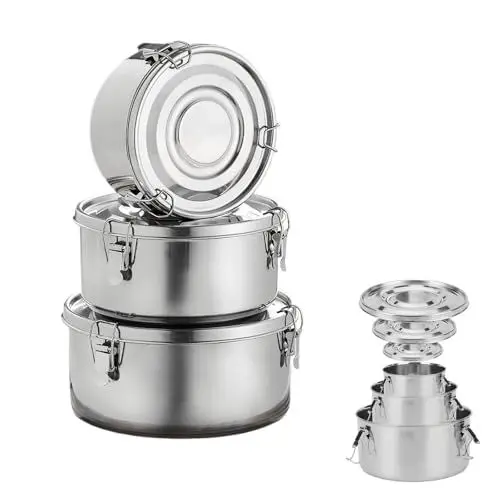 Produktbild: Accmuzzy Edelstahl Brotdose (3 Stück Vorratsdosen mit Deckel Luftdicht, Auslaufsichere Edelstahl Behälter mit Deckel, Ideal für Camping Ausflüge, Snacks, Obst, Salate, 650ml, 1040ml, 1590ml