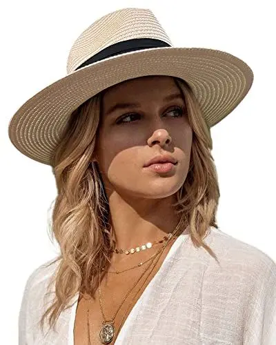 Produktbild: accsa Strohhut Damen Stroh Fedora Panama Hut Sonnenschutz Faltbarer Hut aus Stroh Sonnenhut Garten Strand Sommerhut mit Breite Krempe (Beige-M)
