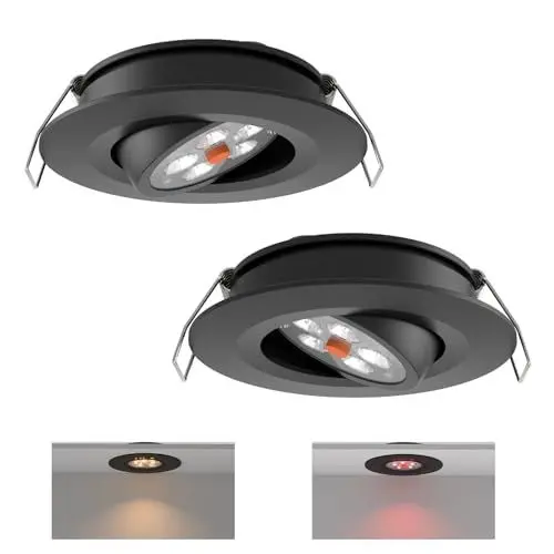 Produktbild: acegoo LED Einbaustrahler 12V Spot 2W Wohnmobil 35° Abstrahlwinkel, 70° Schwenkbar für Wohnwagen Camper Van Boot, Aluminium 205lm 74mm Eingebauter Dimmschalter und rotes Licht Schwarz 3000K