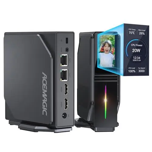 Produktbild: ACEMAGIC Mini PC Win 11 Ιntel Alder Lake-N95(bis zu 3,40GHz, 20W TDP), 16GB DDR4 1024GB M.2 SSD Mini Desktop Computer mit LCD Bildschirm, Dual LAN S1 Mini Tower PC mit RGB-Licht/WiFi 6/4K UHD