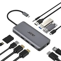 Produktbild: Acer 12-in-1 Mini Dock (USB Type-C zu 1x USB Type-C (w PD), 2x USB 3.2, 2x USB 2.0, 2x HDMI, 1x Displayport, 1x RJ-45, 1x SD Card Reader, 1x Micro SD Card Reader, 1x 3.5 Audio port 3.5) silber