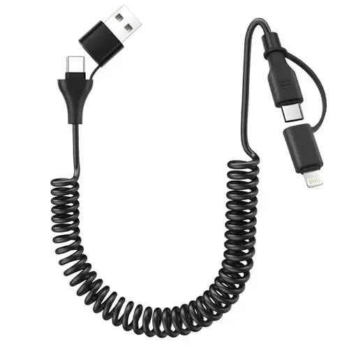 Produktbild: aceyoon 4 in 1 Multi Spiralkabel, USB C Spiralkabel Kurz QC3.0 USB C Schnellladekabel und Datenkabel, Typ C/A auf Lighting, Typ C/A auf C für iPhone, für Galaxy, für Huawei