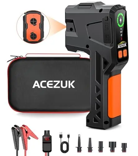 Produktbild: ACEZUK Starthilfe Powerbank 5000A Elektrische Luftpumpe 4-in-1 Powerbank als Auto Starthilfe mit LCD Bildschirm, Tragbare Starter Pow Schlauchboot & Luftmatratze - Schnellfüll Inflator mit 4 Düsen
