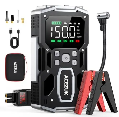 Produktbild: ACEZUK Starthilfe Powerbank mit 26800mAh 6000A Spitzenleistung,150PSI Kompressor, 4-in-1 Powerbank als Auto Starthilfe mit LCD Bildschirm, Tragbare Starter Powerbank mit LED Taschenlampe