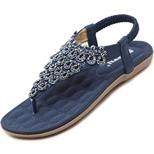 Produktbild: Acfoda Bohemian Sandalen Damen Sommer Zehentrenner Leder mit Weich Fußbett Flach Freizeit Flip Flops Frauen Outdoor, 44 EU, C Blau