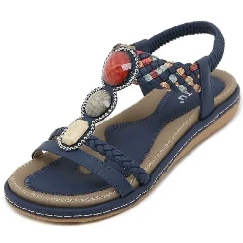 Produktbild: Acfoda Offene Sandalen Damen Sommer Schuhe mit Strass Flach Bohemian Sandaletten Frauen mit Weiche Fussbett Outdoor Freizeit Beach Strandschuhe Blau 37 EU = Herstellergröße 38