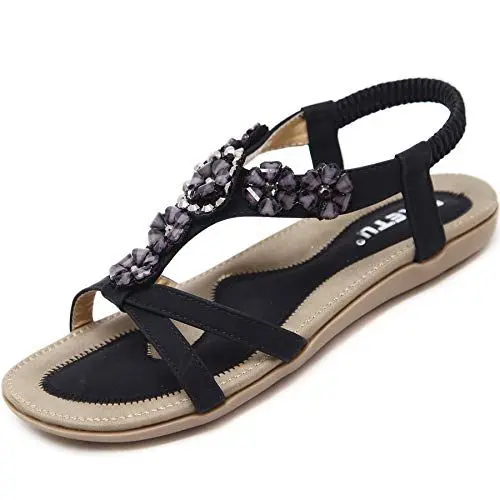 Produktbild: Acfoda Offene Sandalen Damen Sommer mit Blumen Strass Flach Bohemian Sandaletten Frauen mit Weiches Fußbett Outdoor Freizeit Strand Schuhe Schwarz 44 EU = Herstellergröße 45