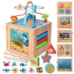 Produktbild: Achiyway Motorikwürfel ab 1 Jahr, 7 in 1 Aktivitätswürfel Baby aus Holz, Motorikspielzeug Montessori Spielzeug mit Abakus, Puzzle, Perlenlabyrinth und Angeln Spiele für Kleinkinder Baby ab 2 3 Jahre