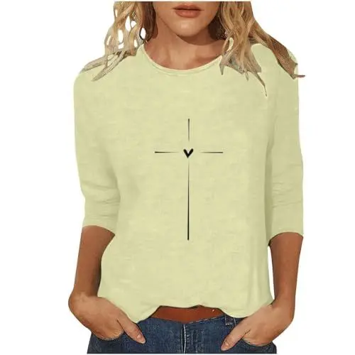 Produktbild: Achselshirt Day Shirt for Women Love Heart Print 3/4 Sleeve Tops Cotton Crewneck Pullover Blouse Tshirt Shirt Damen Große Größen (Yellow, XXL)