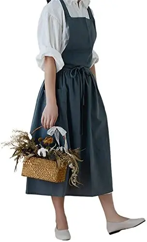Produktbild: Achsoo Baumwolle Leinen Schürzen Einfarbig Japanischer Stil Kreuz Zurück Schürze mit Tasche Retro Literatur Kunst Blumenladen Kleidung für Damen Herren Küche Kochschürzen (Blau-A)