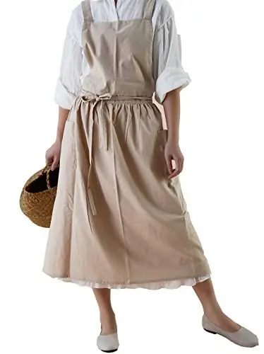 Produktbild: Achsoo Baumwolle Leinen Schürzen Einfarbig Japanischer Stil Kreuz Zurück Schürze mit Tasche Retro Literatur Kunst Blumenladen Kleidung für Damen Herren Küche Kochschürzen (Beige-A)