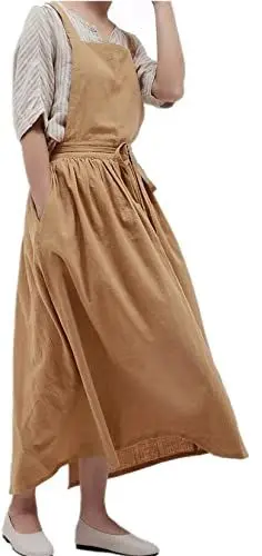 Produktbild: Achsoo Baumwolle Leinen Schürzen Einfarbig Japanischer Stil Kreuz Zurück Schürze mit Tasche Retro Literatur Kunst Blumenladen Kleidung für Damen Herren Küche Kochschürzen (Grau-N)