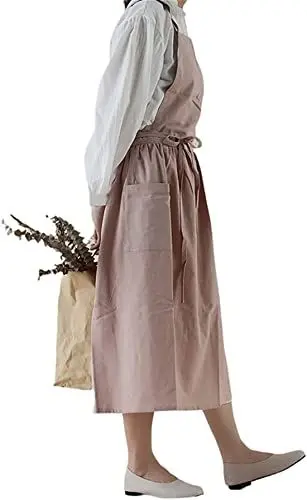 Produktbild: Achsoo Baumwolle Leinen Schürzen Einfarbig Japanischer Stil Kreuz Zurück Schürze mit Tasche Retro Literatur Kunst Blumenladen Kleidung für Damen Herren Küche Kochschürzen (Rosa-A)