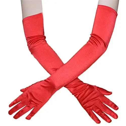 Produktbild: Achsoo Damen Lange Handschuhe Satin Classic Opera Fest Party Hochzeit Braut Handschuhe Elastisch ca. 53cm/21in lang (Rot -54cm/21in)
