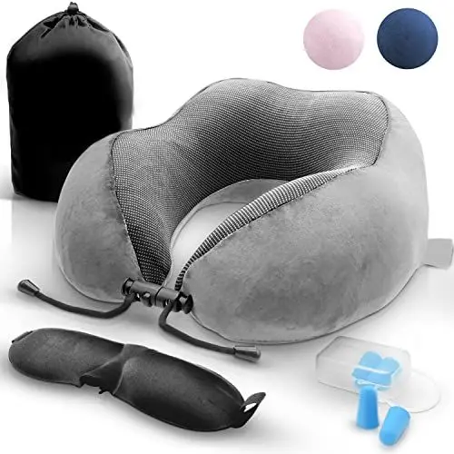 Produktbild: Achtzig Nackenhörnchen, Orthopädisches Nackenkissen, Schlafen Memory Foam für Flugzeug Bus Zug, mit Schlafmasken, und Tragetasche Reisekissen (Grau)