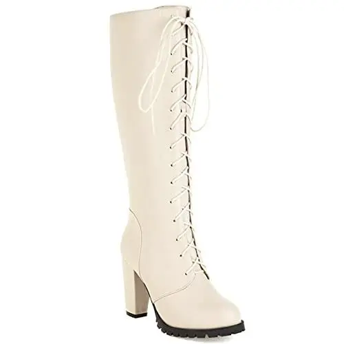 Produktbild: ACiyD Damenmode Pink Overknee Stiefel High Heels Plateau Seitlicher Reißverschluss Punk Bar Street Boots Nachtclub Langschaftstiefel (Beige 44 EU)