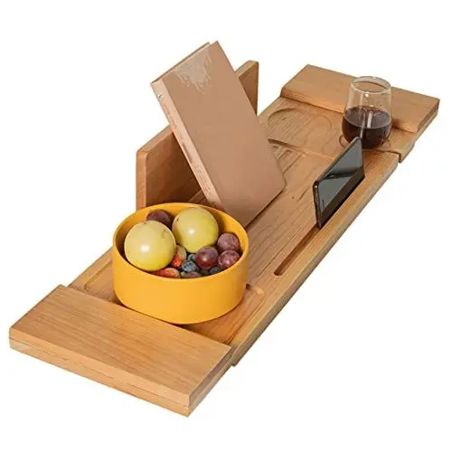 Produktbild: ACiyD Das Bambus-Badewannen-Caddy-Tablett kann das luxuriöse Badewannen-Tablett mit Ständer, Handy, Weinglas, Handtuch und Seifenschale perfekt erweitern