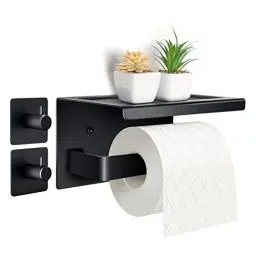 Produktbild: Acmetop Toilettenpapierhalter ohne Bohren Aluminium Klopapierhalter mit 17 cm Ablage, Selbstklebende WC Papier Halterung mit 2 Klebehaken Wandmontage Klorollenhalter für Küche und Badzimmer Schwarz