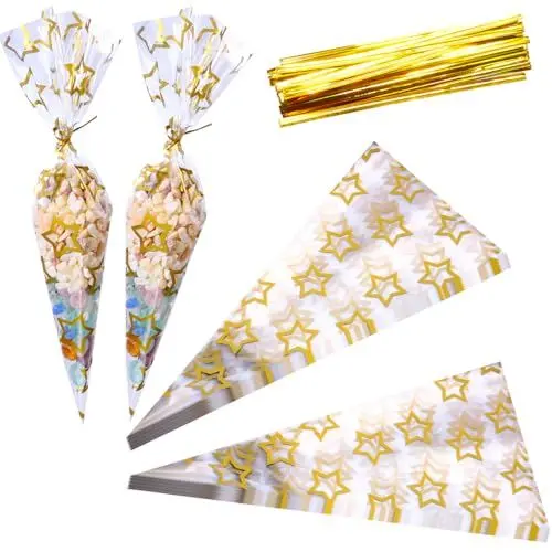 Produktbild: Acooruiteng 50 Stück Süßigkeiten Tüten Transparent Spitztüten Bonbon Tüten Süssigkeiten Tüten Sweet Cone Bags Cellophantüten Geschenktüten mit 50 Stück Gold Twist Ties für Süßigkeiten Schokolade Kekse