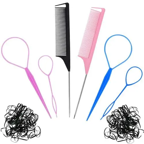 Produktbild: Acooruiteng Frisurenhilfe Haare Haarschlaufe zum Durchziehen Hair Schwanz Twister Topsy Tail Haar Styling Zubehör Hochsteckfrisuren Zubehör Haarflechtwerkzeug Bringen 100 Kleine Haargummis und 2 Kamm