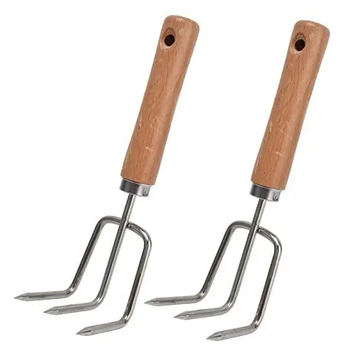 Produktbild: Acouto Garten-Handrechen, 2-teiliger Garten-Klauenrechen und Grubber mit Holzgriff Edelstahl-Rechen-Handgrubber-Werkzeug