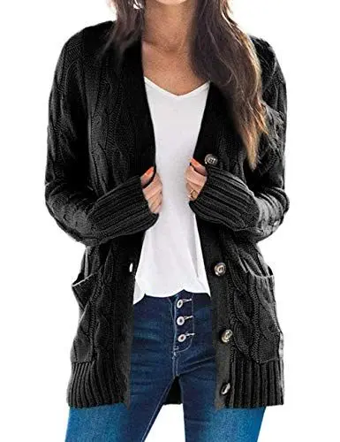 Produktbild: Acramy Damen Langarm Strickmantel Casual Warm Cardigan Strickjacke mit Taschen und Knöpfe (XXL, B-schwarz)