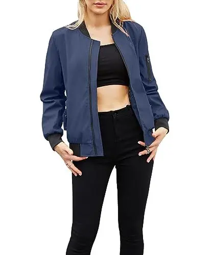 Produktbild: Acramy Damen Leicht Fliegerjacke Übergangsjacke Stehkragen Dünne Bomberjacke (Dunkelblau, XL)