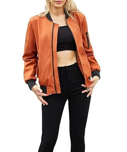 Produktbild: Acramy Damen Leicht Fliegerjacke Übergangsjacke Stehkragen Dünne Bomberjacke (Orange, XXL)