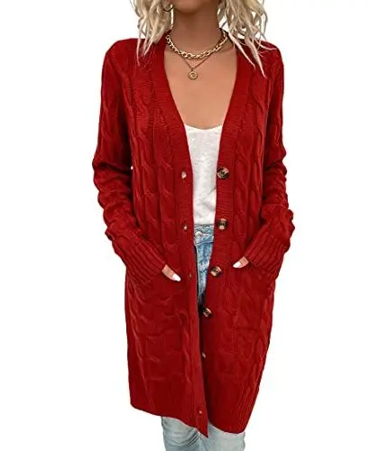 Produktbild: Acramy Damen Mantel Herbst Winter Strickjacke Lang Grobstrick Cardigan Strickmantel mit Knöpfen (S, Rot)