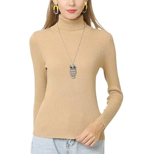 Produktbild: Acramy Damen Pullover Rollkragen Oversize Pulli Strick Basic Strickpullover Dünn Strickpulli (S, Khaki)