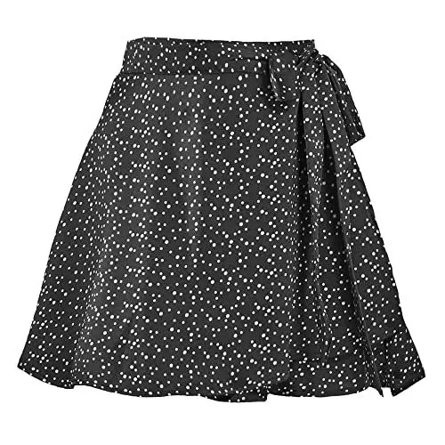 Produktbild: Acramy Damen Röcke Kurz Sommer Chiffon Minirock A-Linie Rock mit Gürtel (L, Schwarz 1)