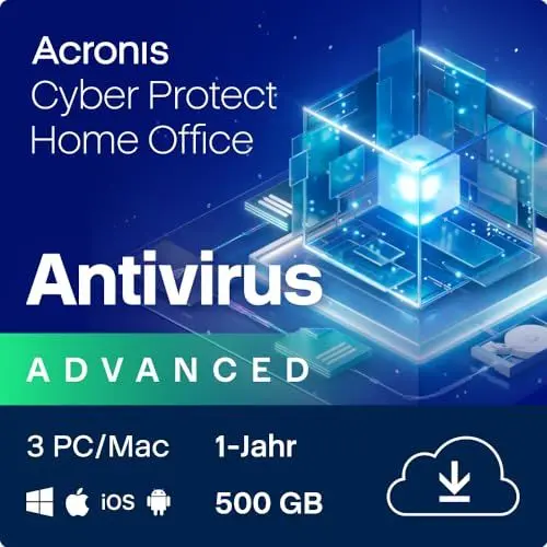 Produktbild: Acronis Cyber Protect Home Office 2023 | Advanced | 500 GB Cloud-Speicher | 3 PC/Mac | 1 Jahr | Windows/Mac/Android/iOS | Internet Security inkl. Backup | Aktivierungscode per Email