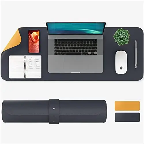 Produktbild: ACROPAQ Schreibtischunterlage Leder - Mousepad XXL (80 x 30 cm), 2 Farben (Organge + Blau), Hochwertiges PU Leder, Rutschfest, Wasserabweisend, Leicht zu säubern - Schreibtischunterlage Kinder