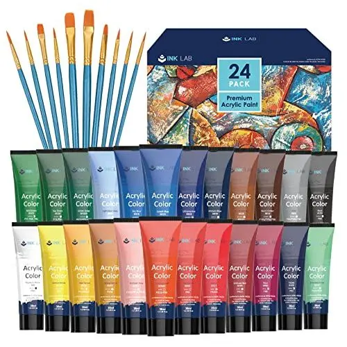 Produktbild: INK LAB Acrylfarbe Set 24 Tuben Ungiftig Acryl Farben Waschfeste Künstlerfarbe Malfarben Reiche Pigmente Ideal für Künstler Anfänger Leinwand Papier Stein Holz, 36ml/Tube