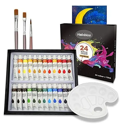 Produktbild: Halobios Acrylfarben-Set mit 24 Farben, 12 ml Tubenfarben mit 3 Pinseln, 1 Palette, 1 leere Leinwand für Künstler, Anfänger und Kinder, Acrylfarben-Set für Leinwand, Holz, Papier, Glas, Stoff