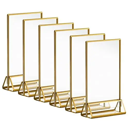 Produktbild: Acrylgoldschildhalter 10x15cm, 4x6‘’ klare Bilderrahmen mit Goldenen Rändern und Vertikalem Ständer, Doppelseitiger Tabellenmenü Display -Ständer für Hochzeitstischnummern, Restaurantschilder, 6 Stück