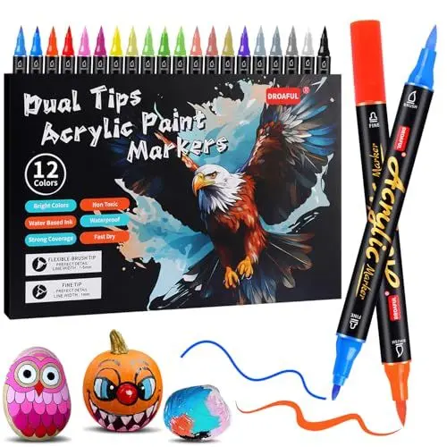 Produktbild: Acrylstifte für Steine Wasserfest, 12 Pc Acrylstifte Spülmaschinenfest Bemalen für Steinen, Porzellan, Glas, Leinwand, Keramik, Holz, Metall, Kunststoff, Schnelltrocknend, Ungiftig und Geruchsneutra