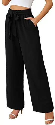Produktbild: Actcat Damen Hosen Weite Gerade Geschnitten Palazzo Hose Hohe Taille Dehnbar Lounge Elegante Hose mit Taschen für legere Arbeit geeignet Damenhose Sommer luftig Sommer Hosen Damen locker,Schwarz