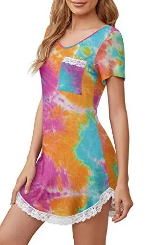 Produktbild: Actcat Frauen Kurzarm Nachthemd Baumwolle Sexy Elegante Spitze Nachtwäsche mit Schlafhemd Stillnachthemd mit Rüschen Nachtkleid Nachthemd Damen Baumwolle Negligee Damen sexy S-XXL